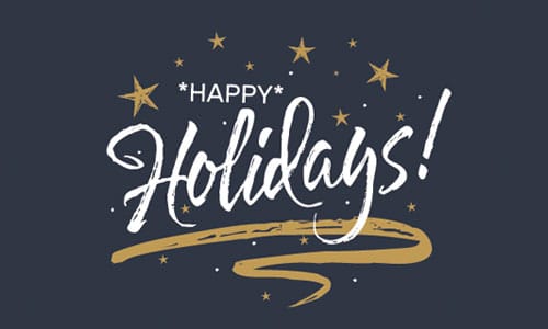 Dark blue background with gold stars and the text "Happy Holidays!" written in a festive white and gold script, with a decorative gold swirl underneath.