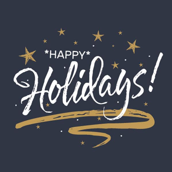 Happy Holidays!" written in white script on a dark background, with gold stars, dots, and a gold swoosh accent.
